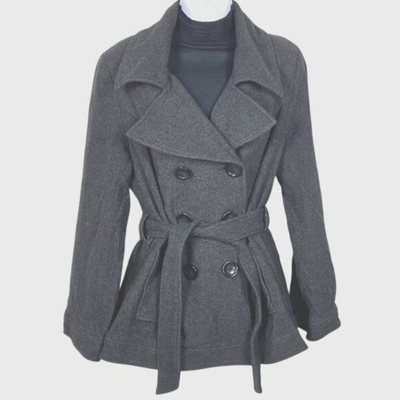 Merona Jackets & Blazers - Merona Womens Charcoal Gray Double-Breasted Wool Blend Trench Coat With Belt XL